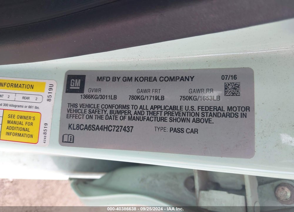2017 CHEVROLET SPARK LS MANUAL VIN: KL8CA6SA4HC727437