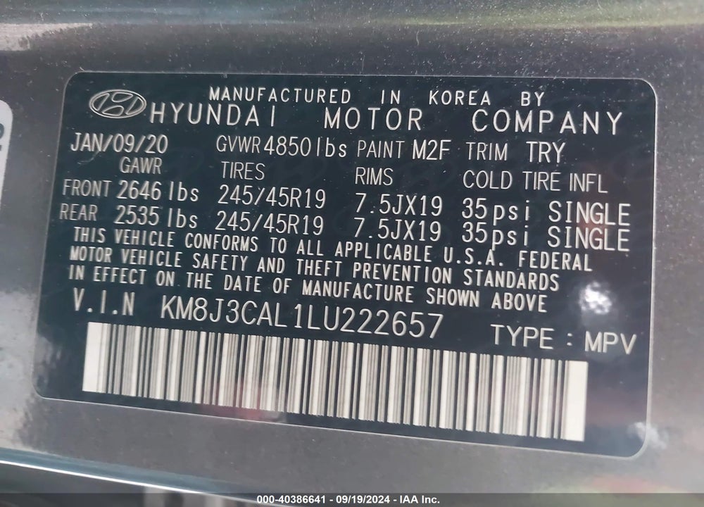 2020 HYUNDAI TUCSON SPORT VIN: KM8J3CAL1LU222657