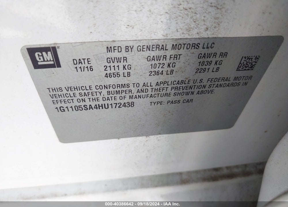 2017 CHEVROLET IMPALA 1LT VIN: 1G1105SA4HU172438