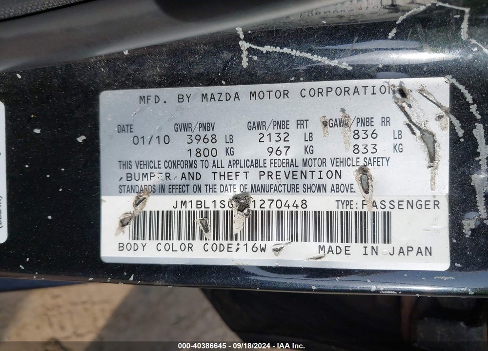 2010 MAZDA 3 I TOURING VIN: JM1BL1SG5A1270448