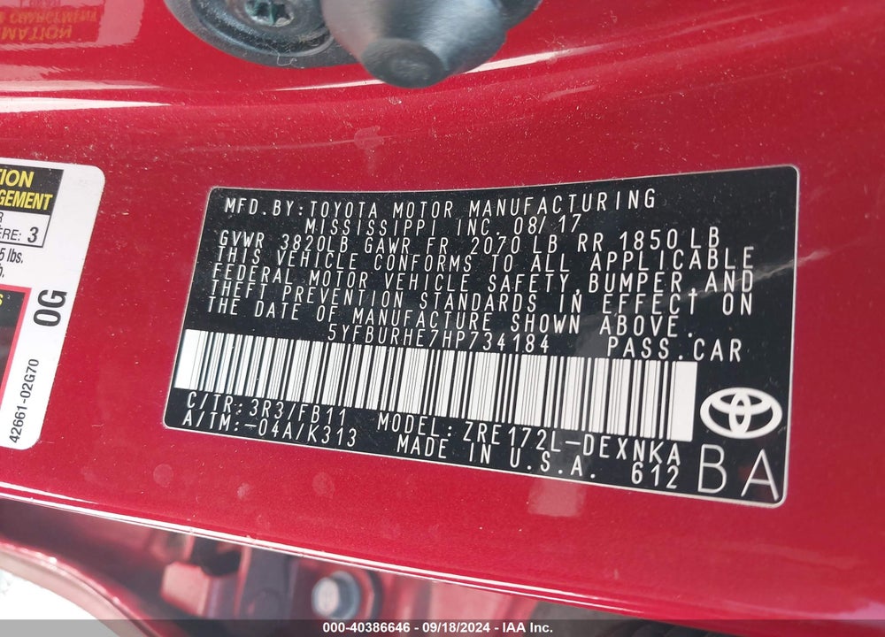 2017 TOYOTA COROLLA LE VIN: 5YFBURHE7HP734184