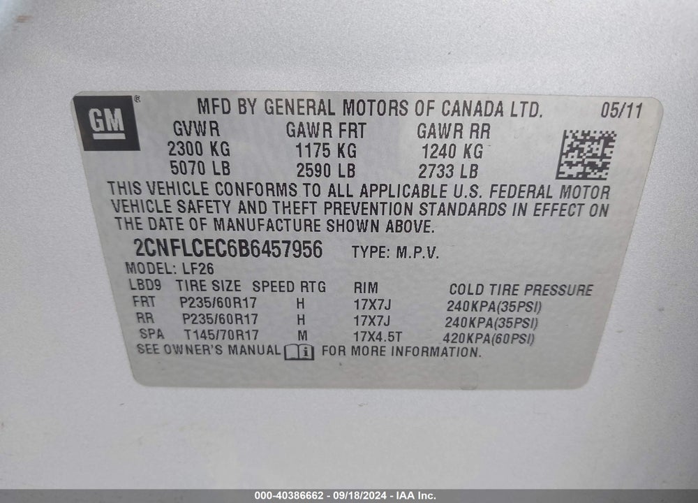 2011 CHEVROLET EQUINOX LS VIN: 2CNFLCEC6B6457956