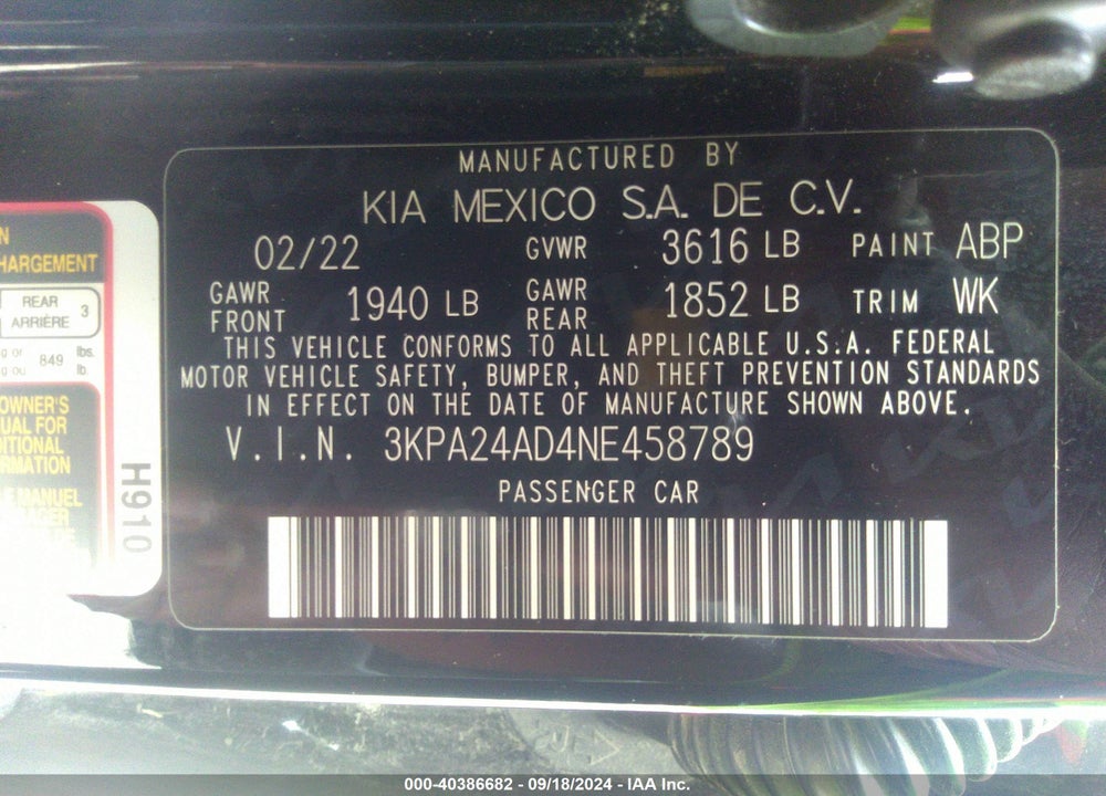 2022 KIA RIO S VIN: 3KPA24AD4NE458789