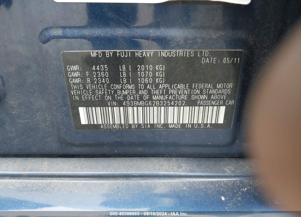 2011 SUBARU LEGACY 2.5I PREMIUM VIN: 4S3BMBG62B3254202
