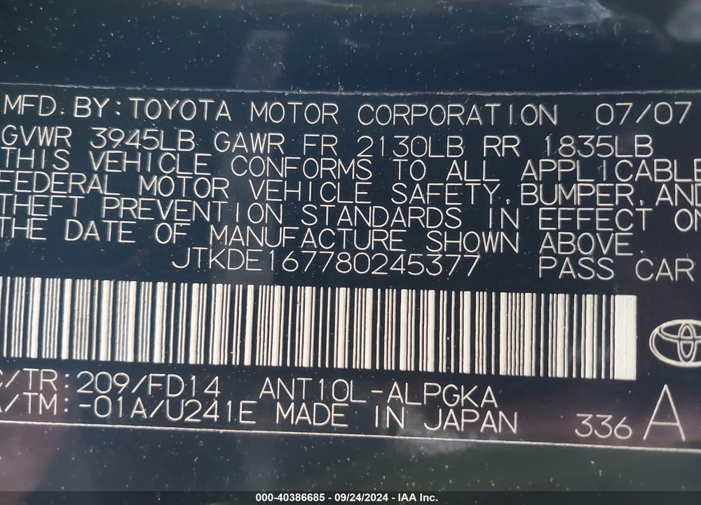 2008 SCION TC VIN: JTKDE167780245377