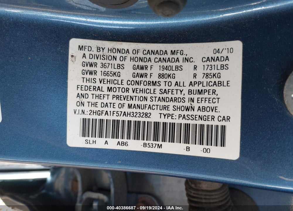 2010 HONDA CIVIC LX VIN: 2HGFA1F57AH323282