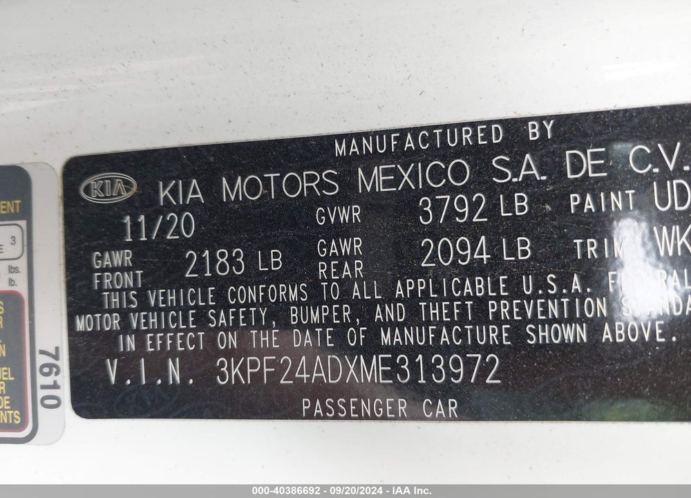 2021 KIA FORTE LXS VIN: 3KPF24ADXME313972