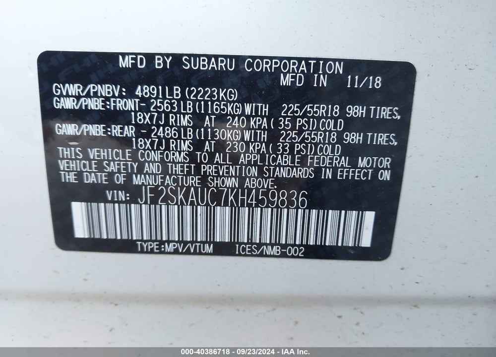 2019 SUBARU FORESTER LIMITED VIN: JF2SKAUC7KH459836