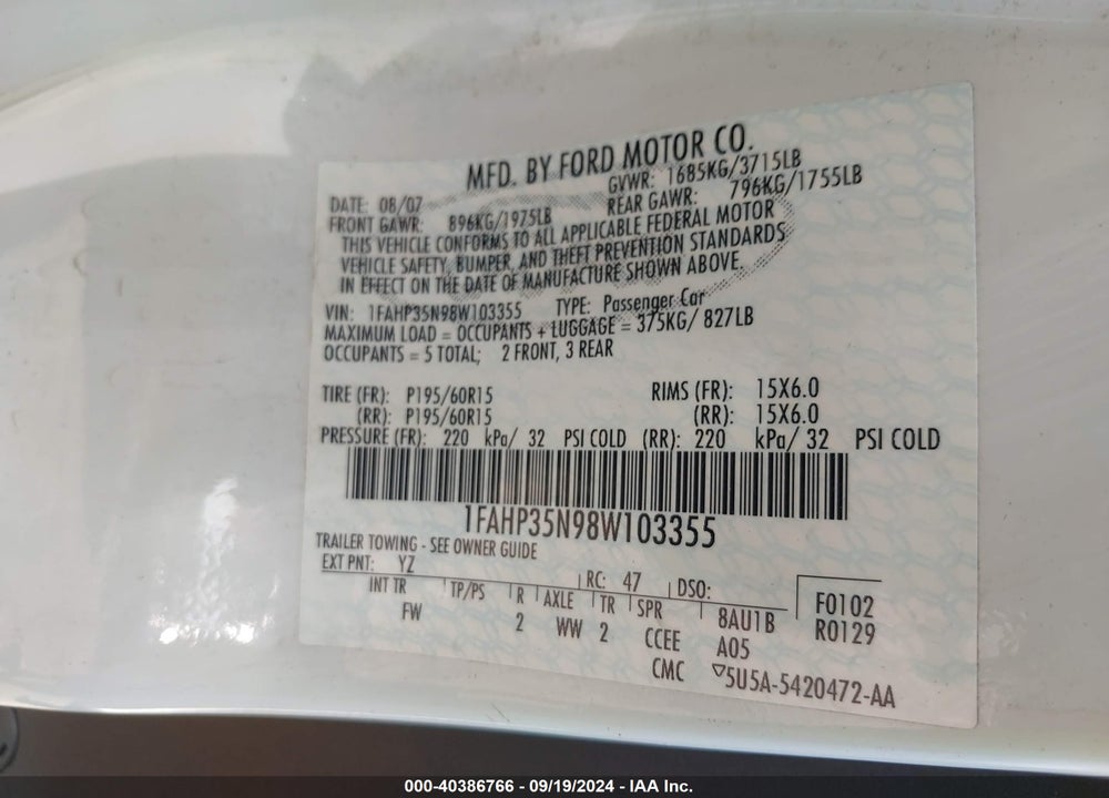 2008 FORD FOCUS SE/SES VIN: 1FAHP35N98W103355