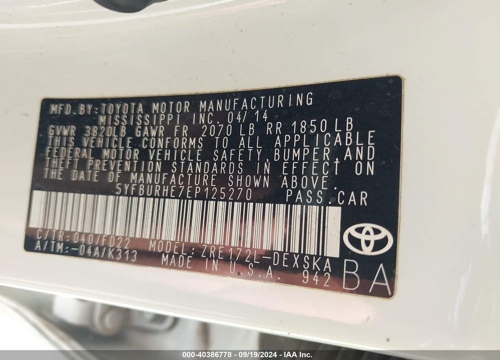2014 TOYOTA COROLLA S PLUS VIN: 5YFBURHE7EP125270