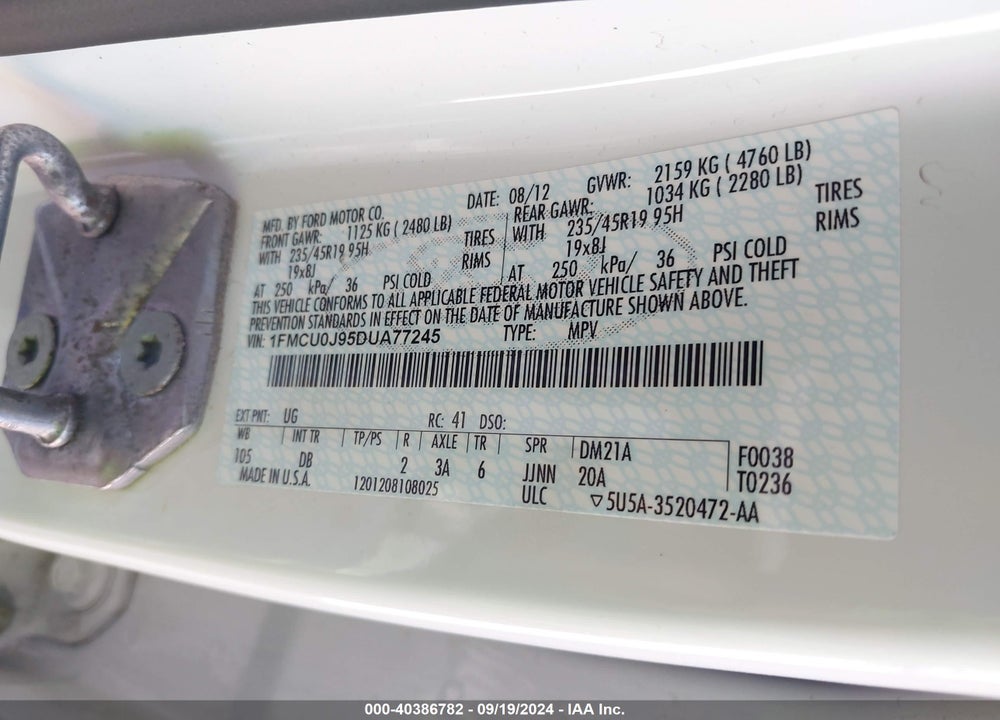 2013 FORD ESCAPE TITANIUM VIN: 1FMCU0J95DUA77245