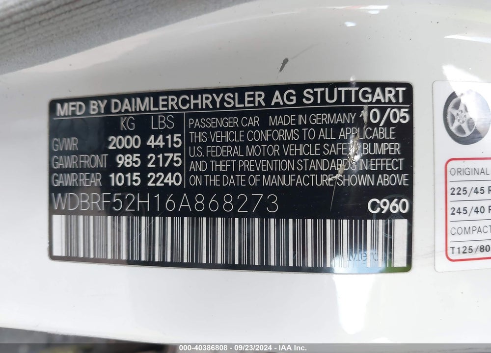 2006 MERCEDES-BENZ C 230 SPORT VIN: WDBRF52H16A868273