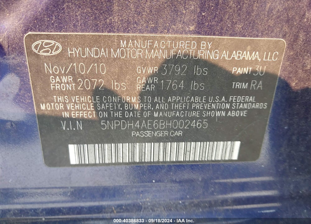 2011 HYUNDAI ELANTRA LIMITED VIN: 5NPDH4AE6BH002465