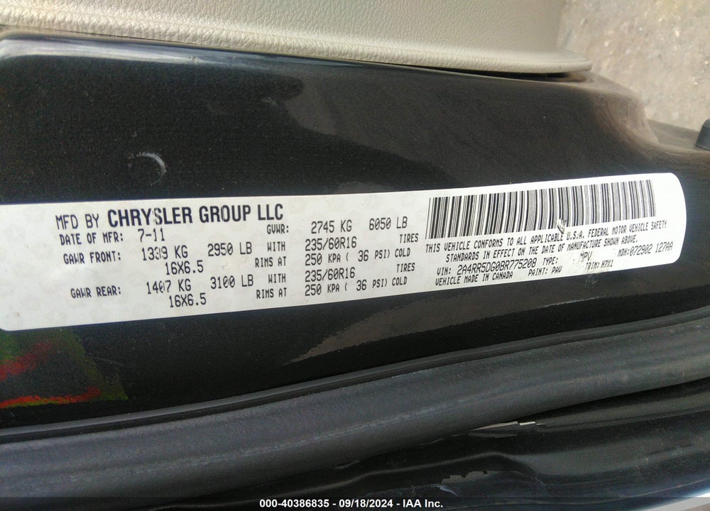 2011 CHRYSLER TOWN & COUNTRY TOURING VIN: 2A4RR5DG0BR775208