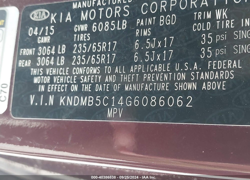 2016 KIA SEDONA LX VIN: KNDMB5C14G6086062