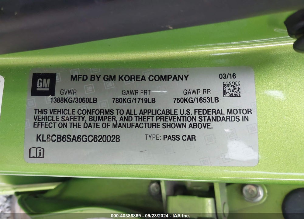2016 CHEVROLET SPARK LS CVT VIN: KL8CB6SA6GC620028