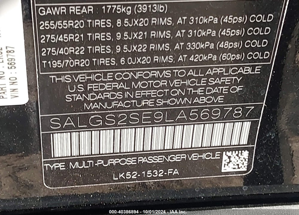 2020 LAND ROVER RANGE ROVER P525 HSE VIN: SALGS2SE9LA569787