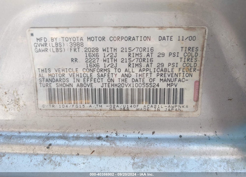 2001 TOYOTA RAV4 VIN: JTEHH20VX10055524
