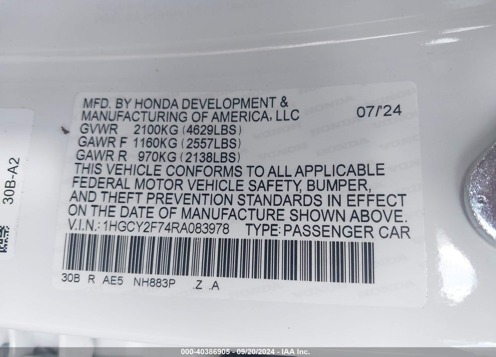 2024 HONDA ACCORD HYBRID SPORT-L VIN: 1HGCY2F74RA083978