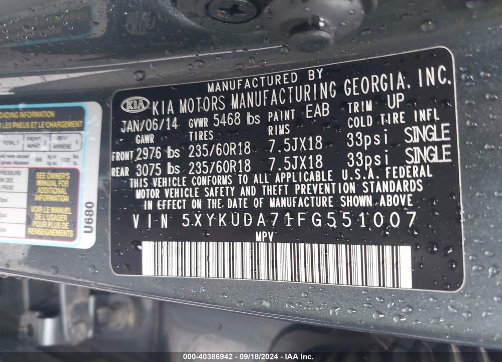 2015 KIA SORENTO EX V6 VIN: 5XYKUDA71FG551007
