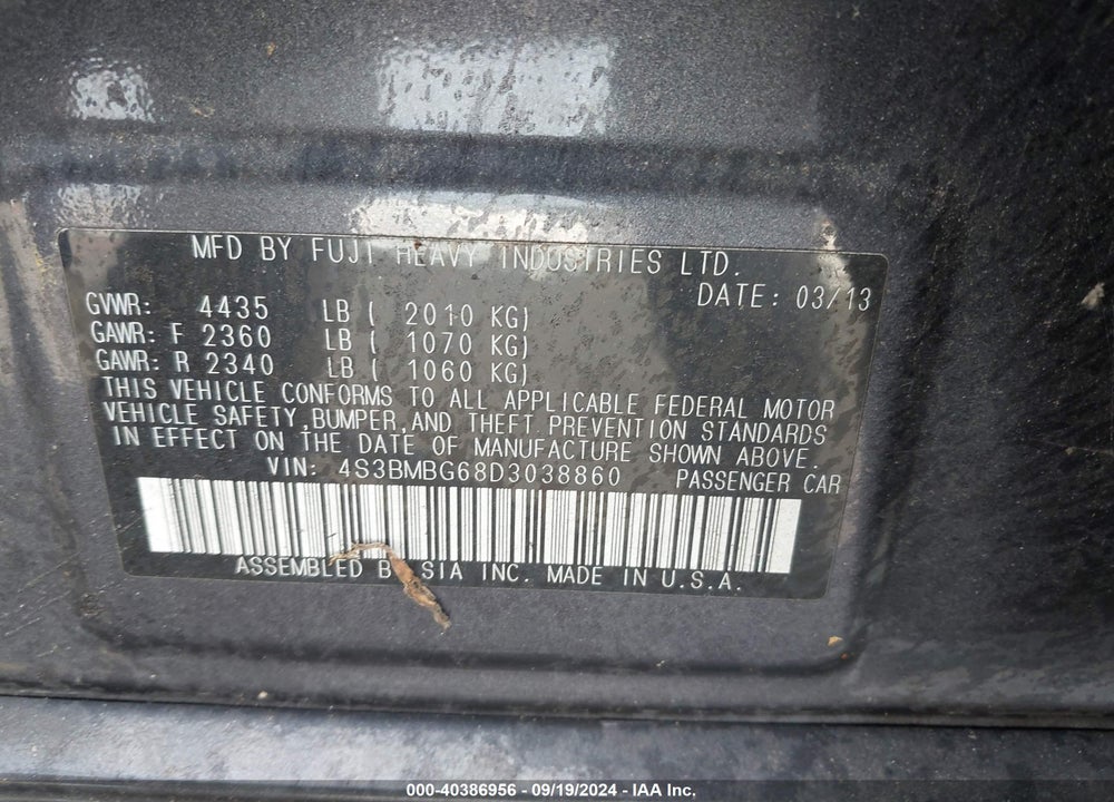 2013 SUBARU LEGACY 2.5I PREMIUM VIN: 4S3BMBG68D3038860