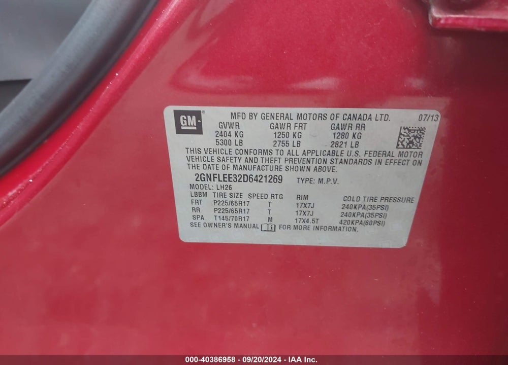 2013 CHEVROLET EQUINOX 1LT VIN: 2GNFLEE32D6421269
