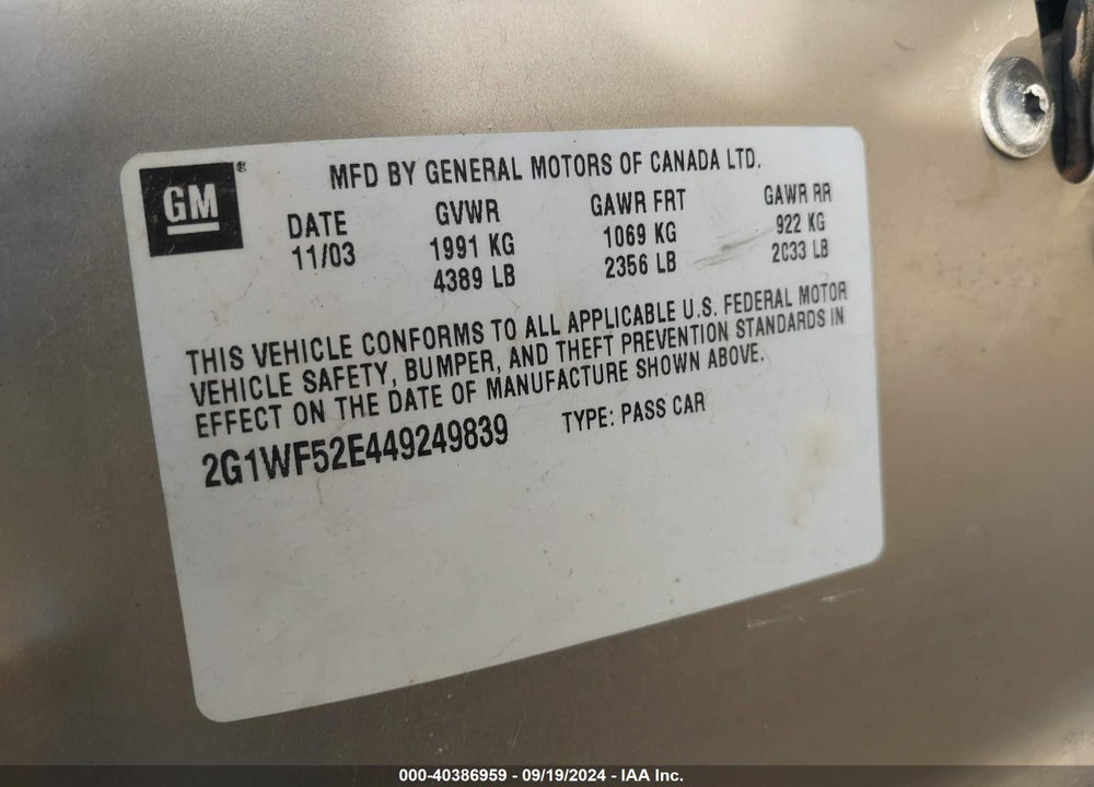 2004 CHEVROLET IMPALA VIN: 2G1WF52E449249839