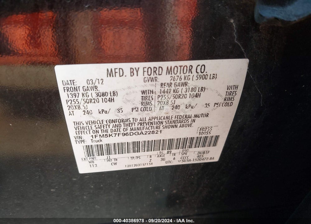 2013 FORD EXPLORER LIMITED VIN: 1FM5K7F96DGA22821