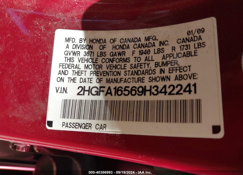 2009 HONDA CIVIC LX VIN: 2HGFA16569H342241