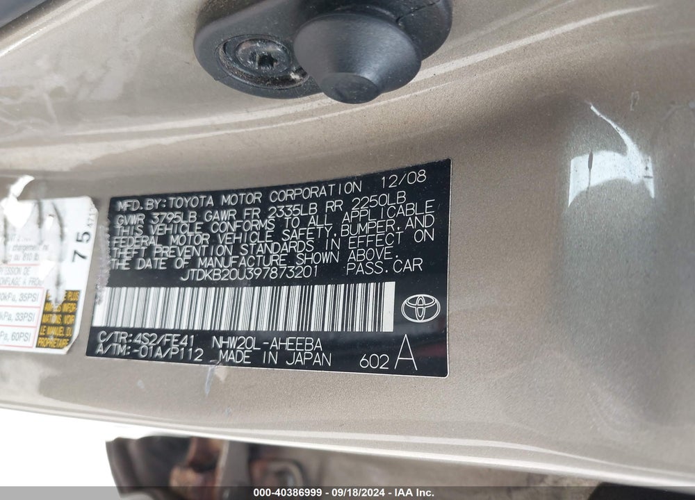 2009 TOYOTA PRIUS VIN: JTDKB20U397873201