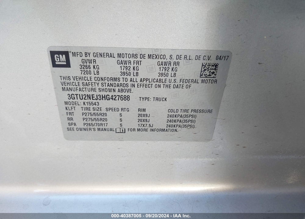 2017 GMC SIERRA 1500 VIN: 3GTU2NEJ3HG427688
