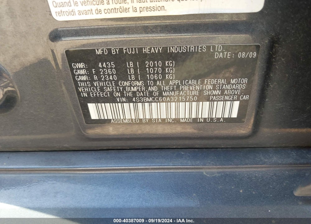 2010 SUBARU LEGACY 2.5I PREMIUM VIN: 4S3BMCC60A3215750