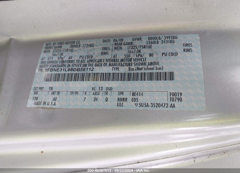 2008 FORD E-350 SUPER DUTY XL/XLT VIN: 1FBNE31L68DB58112