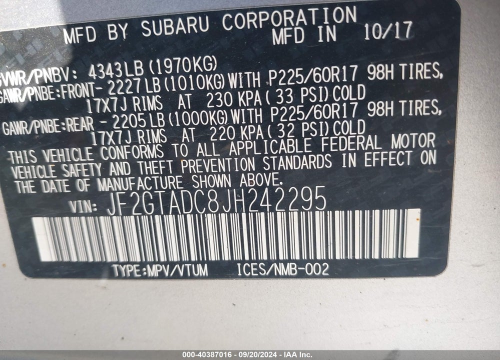 2018 SUBARU CROSSTREK 2.0I PREMIUM VIN: JF2GTADC8JH242295