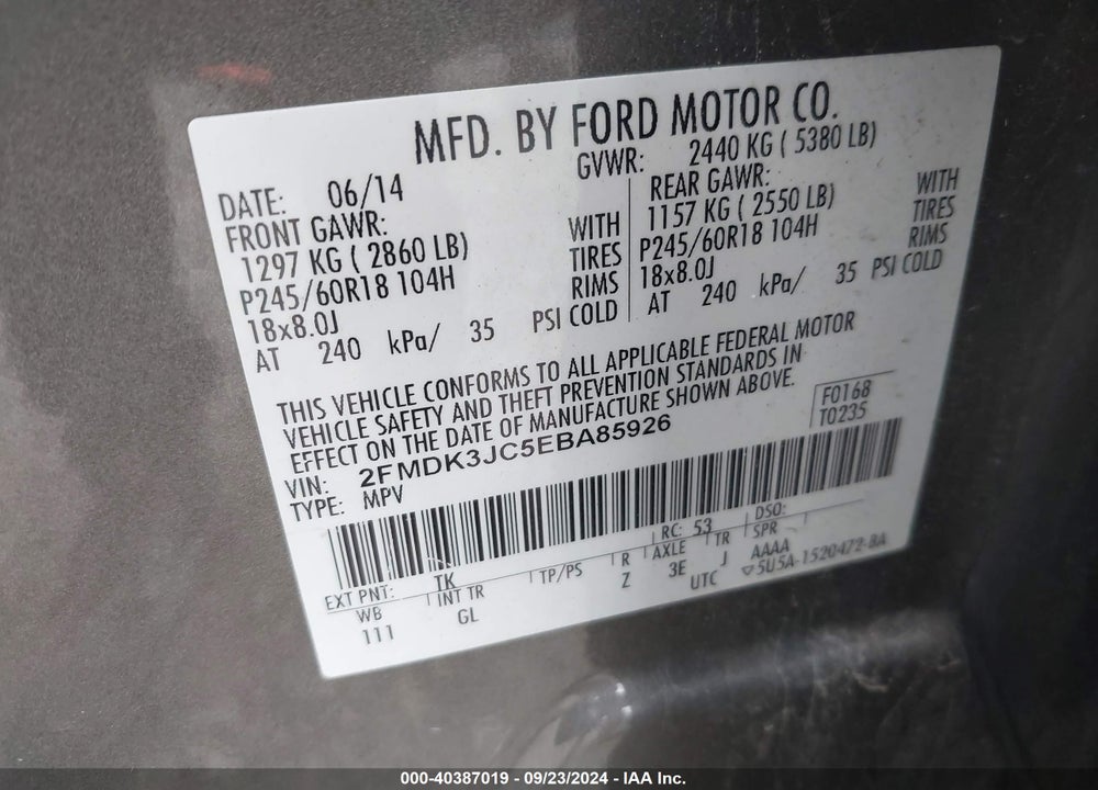 2014 FORD EDGE SEL VIN: 2FMDK3JC5EBA85926