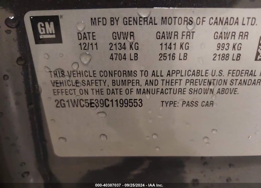 2012 CHEVROLET IMPALA LTZ VIN: 2G1WC5E39C1199553