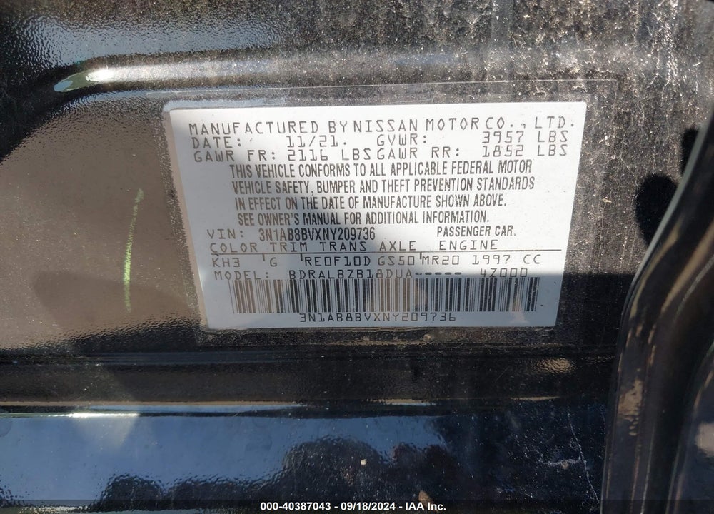 2022 NISSAN SENTRA S XTRONIC CVT VIN: 3N1AB8BVXNY209736