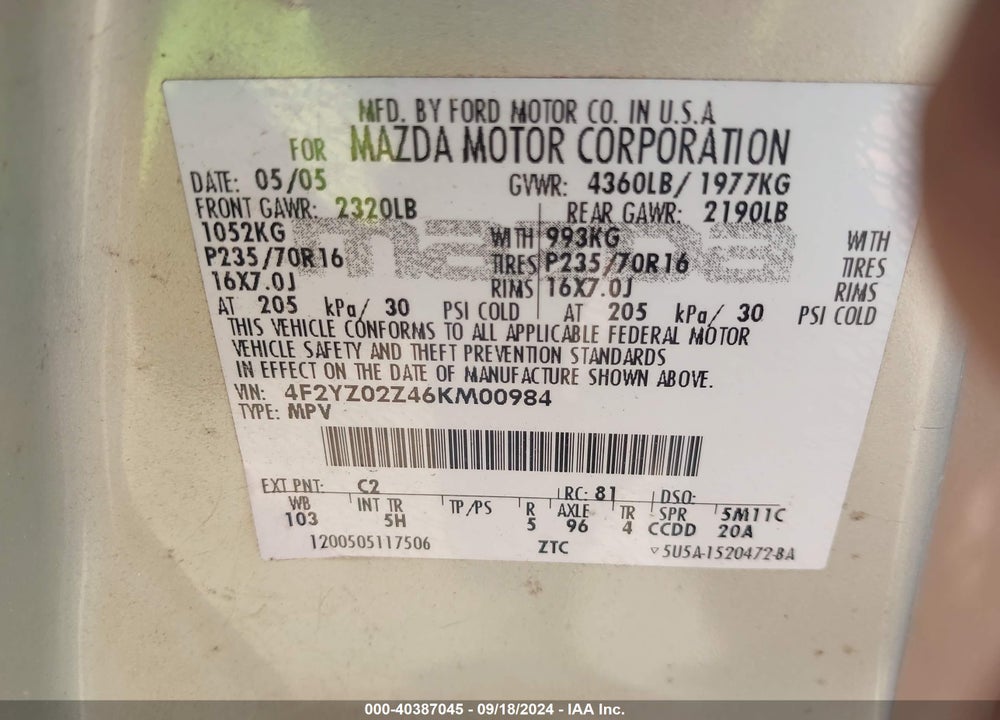 2006 MAZDA TRIBUTE I VIN: 4F2YZ02Z46KM00984