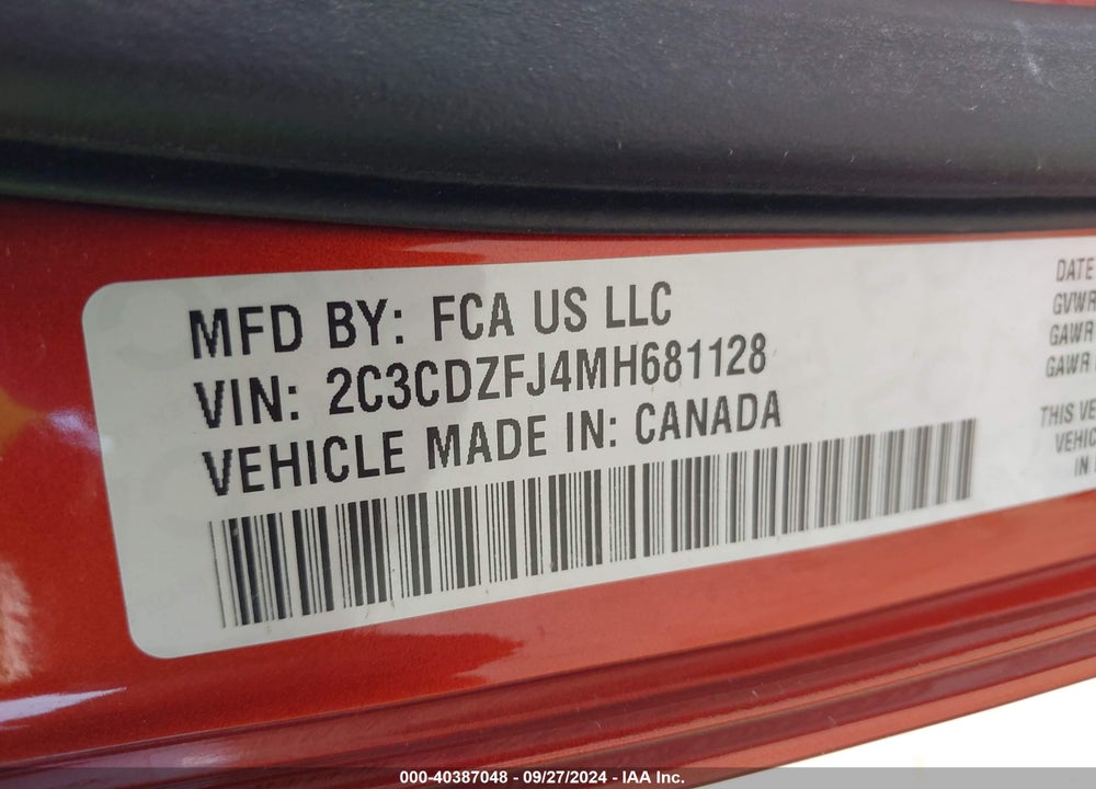 2021 DODGE CHALLENGER VIN: 2C3CDZFJ4MH681128