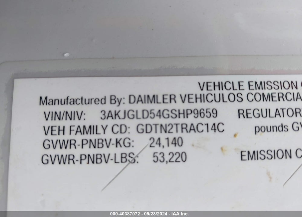 2016 FREIGHTLINER CASCADIA 125 VIN: 3AKJGLD54GSHP9659