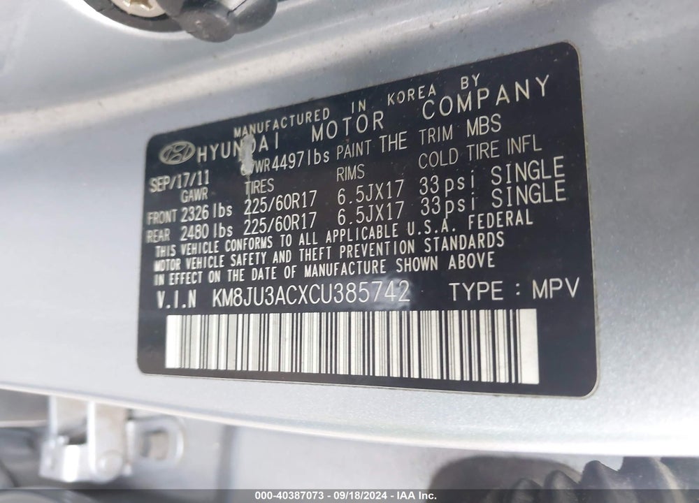 2012 HYUNDAI TUCSON GLS VIN: KM8JU3ACXCU385742