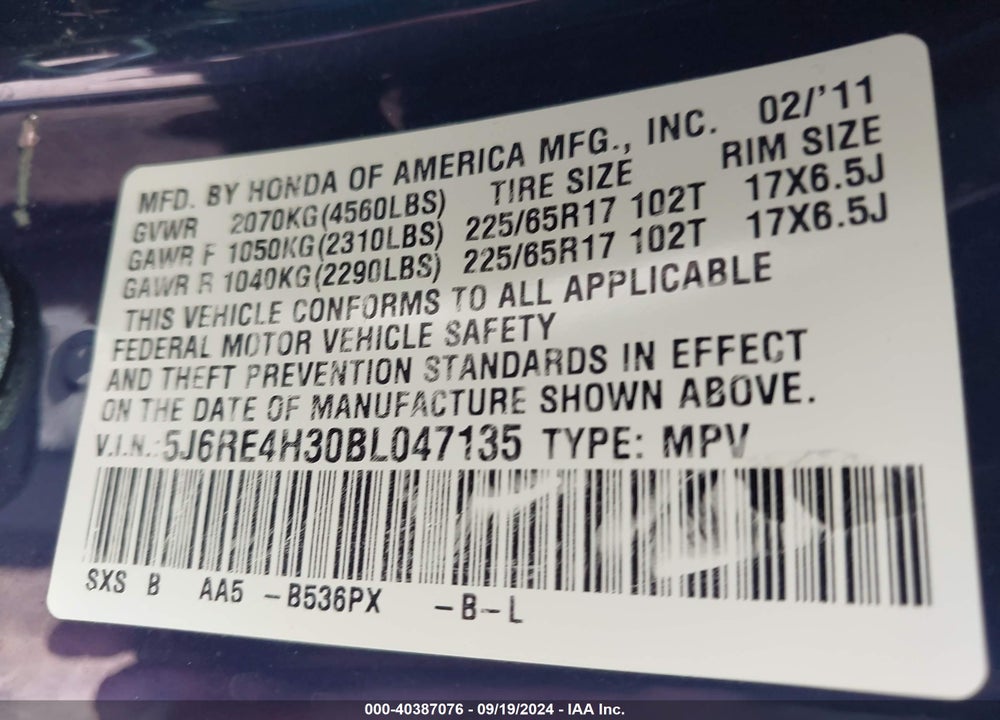2011 HONDA CR-V LX VIN: 5J6RE4H30BL047135