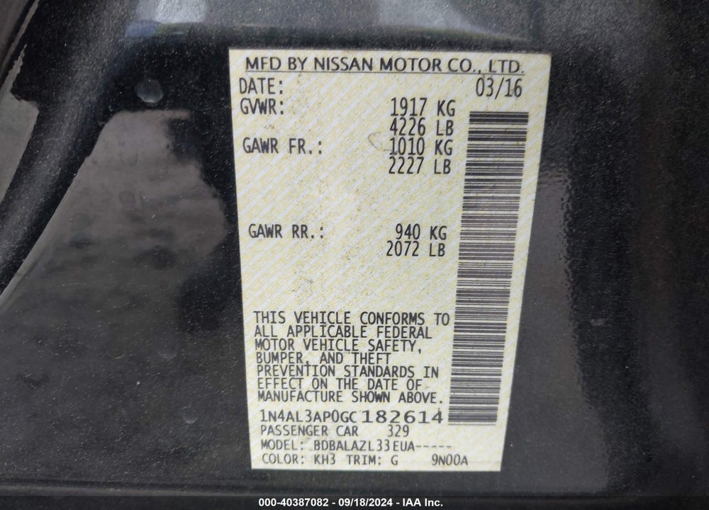 2016 NISSAN ALTIMA 2.5 VIN: 1N4AL3AP0GC182614