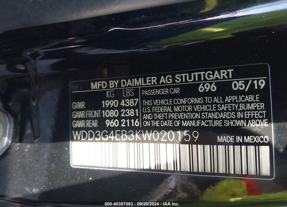 2019 MERCEDES-BENZ A 220 VIN: WDD3G4EB3KW020159