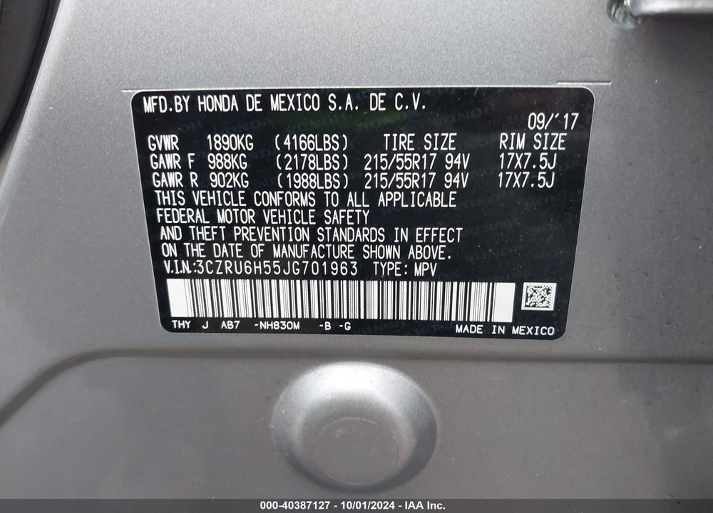 2018 HONDA HR-V EX VIN: 3CZRU6H55JG701963