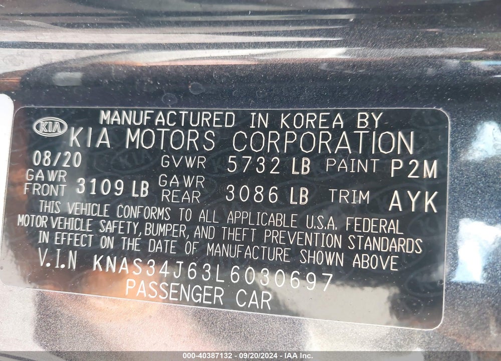 2020 KIA K900 LUXURY VIN: KNAS34J63L6030697