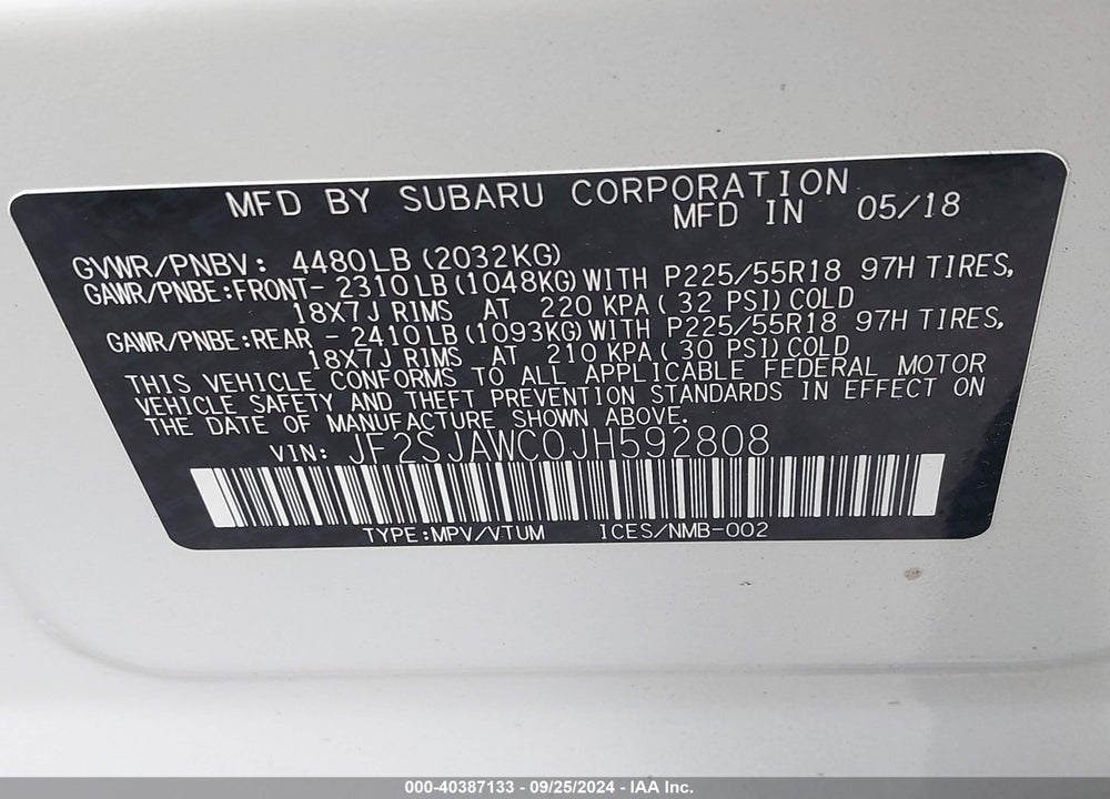 2018 SUBARU FORESTER 2.5I TOURING VIN: JF2SJAWC0JH592808