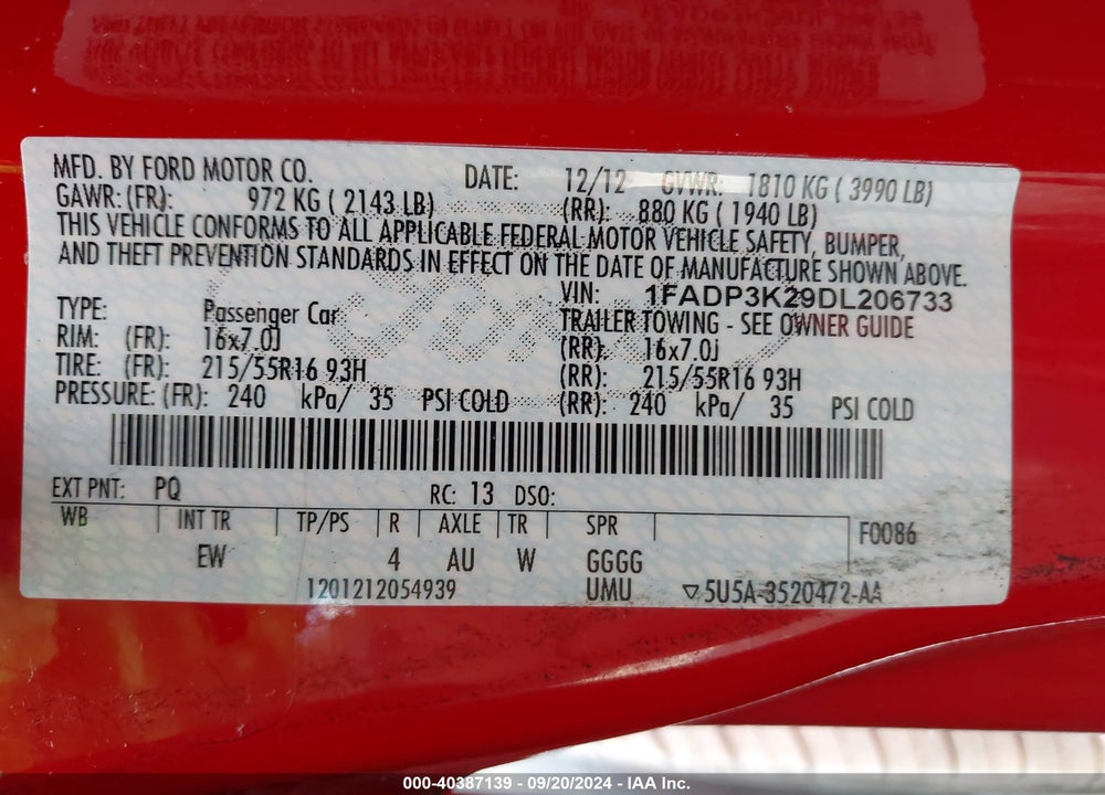 2013 FORD FOCUS SE VIN: 1FADP3K29DL206733