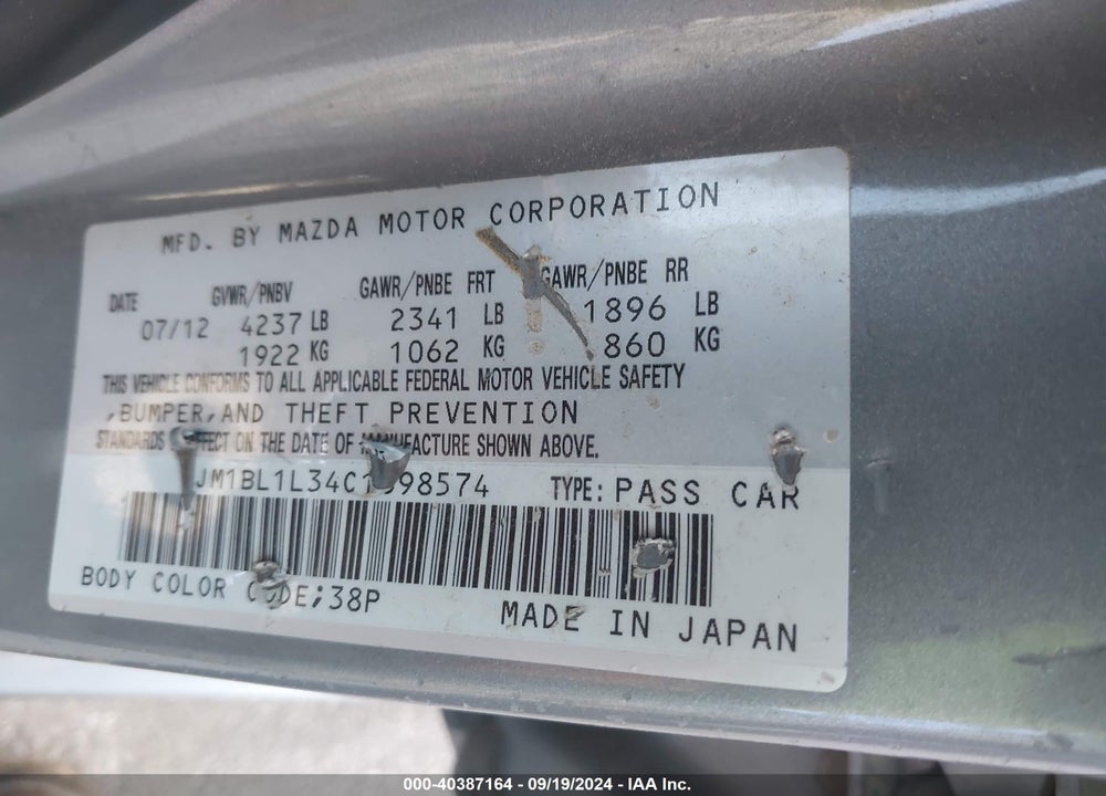 2012 MAZDA MAZDASPEED3 VIN: JM1BL1L34C1698574