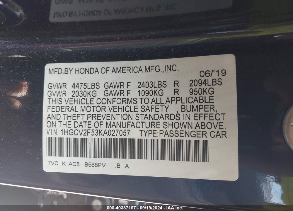 2019 HONDA ACCORD EX-L 2.0T VIN: 1HGCV2F53KA027057